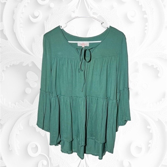 Green Laurie Felt Bohemian Knit Top Keyhole Neck Size M - Picture 2 of 4